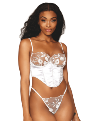 Bustier blanc avec armatures, en satin et dentelle florale - DG13262WHT